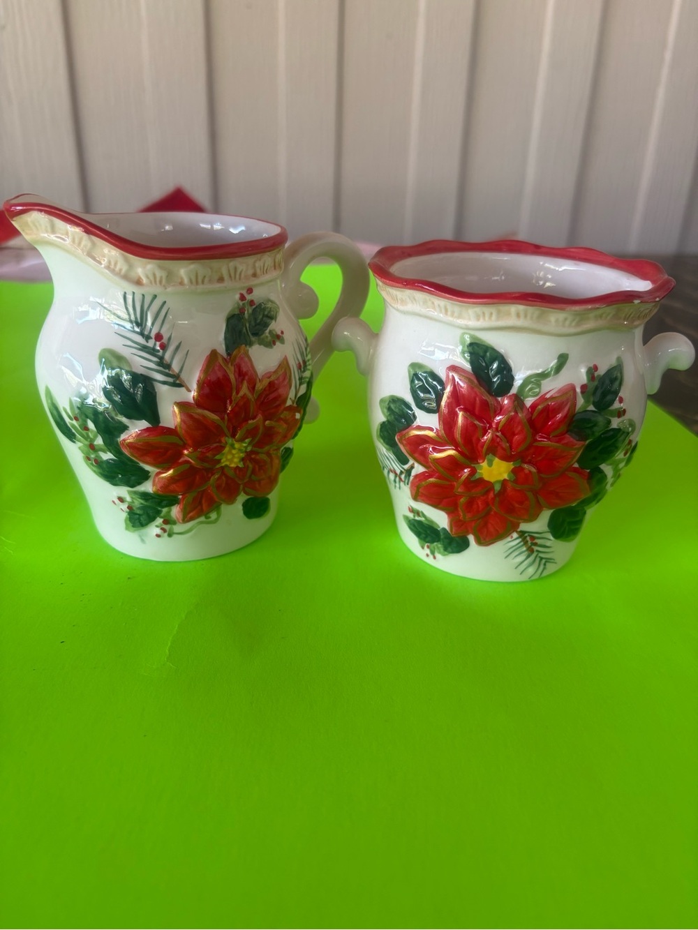 Festive Red Poinsettia Ceramic Creamer and Sugar Set